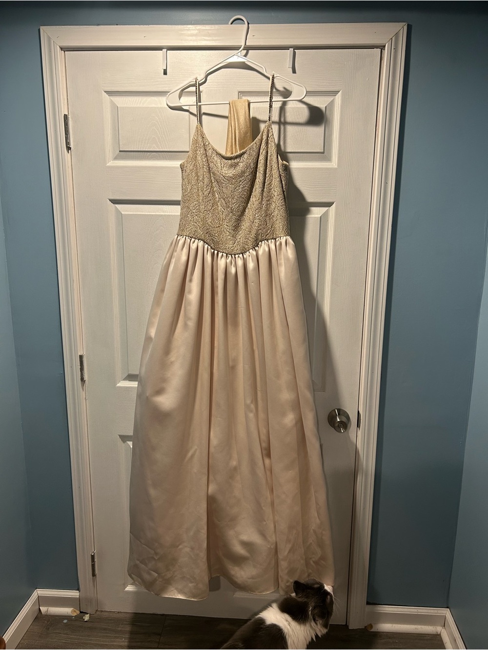 Cream Lace Bodice Satin Skirt Formal Dress